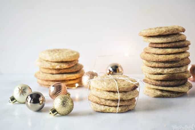 Stacks of Snickerdoodle cookies with ornaments.