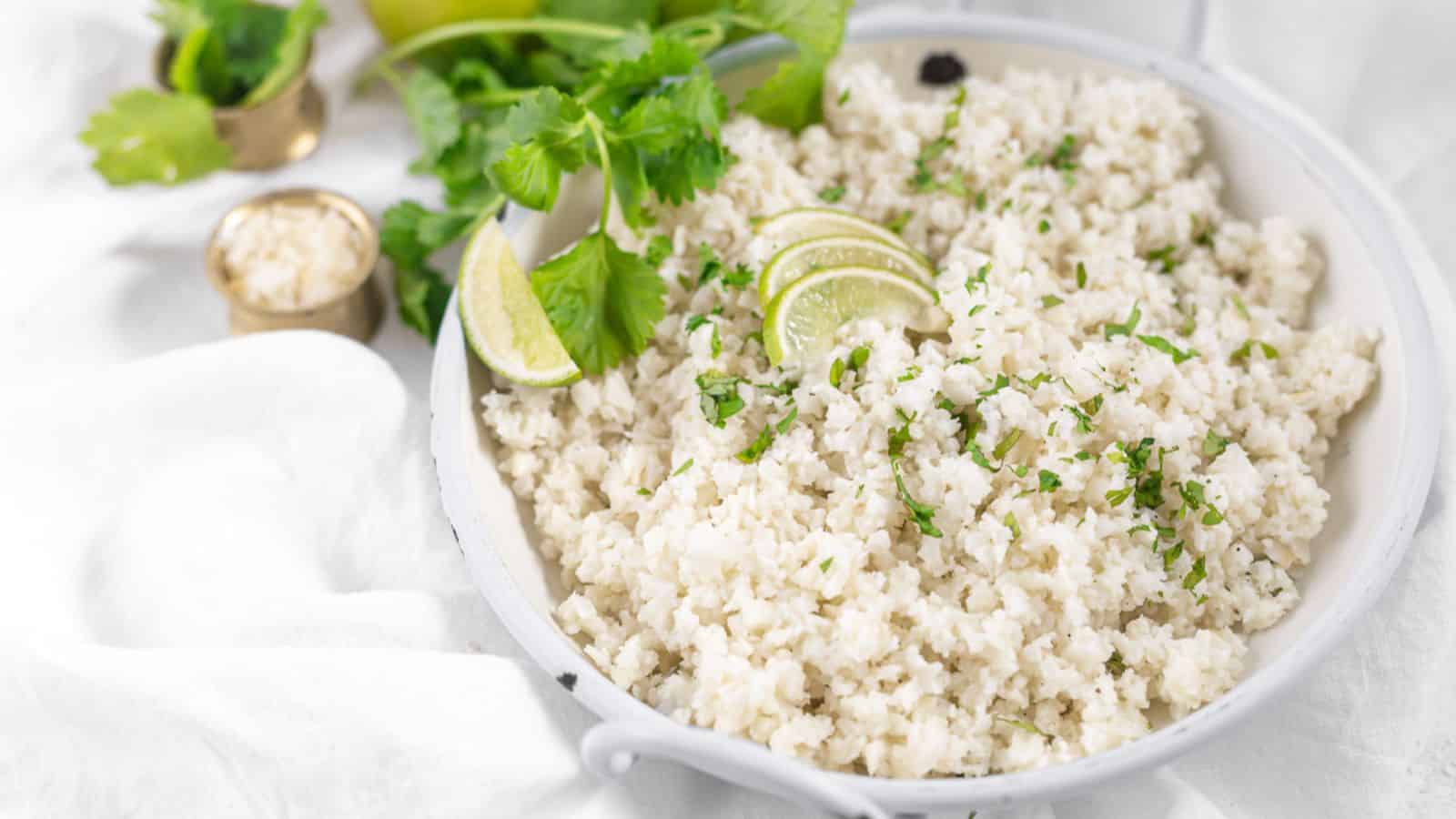 Coconut Riced Cauliflower with limes and cillantro. 