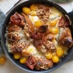 Overhead view of a croissant breakfast casserole.