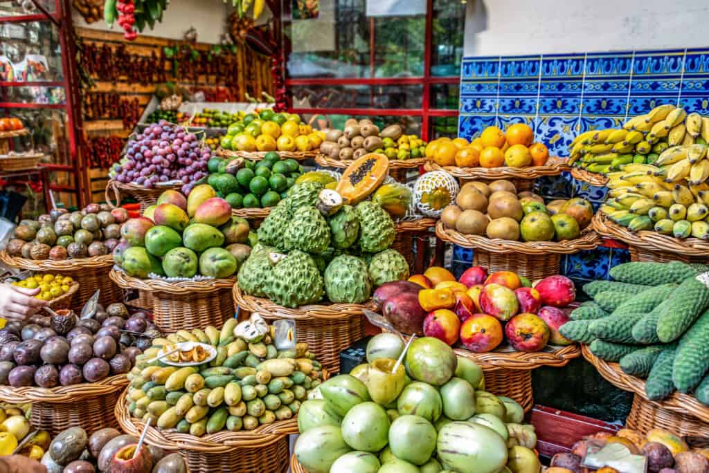 Fresh exotic fruits on famous market in Colombia.
