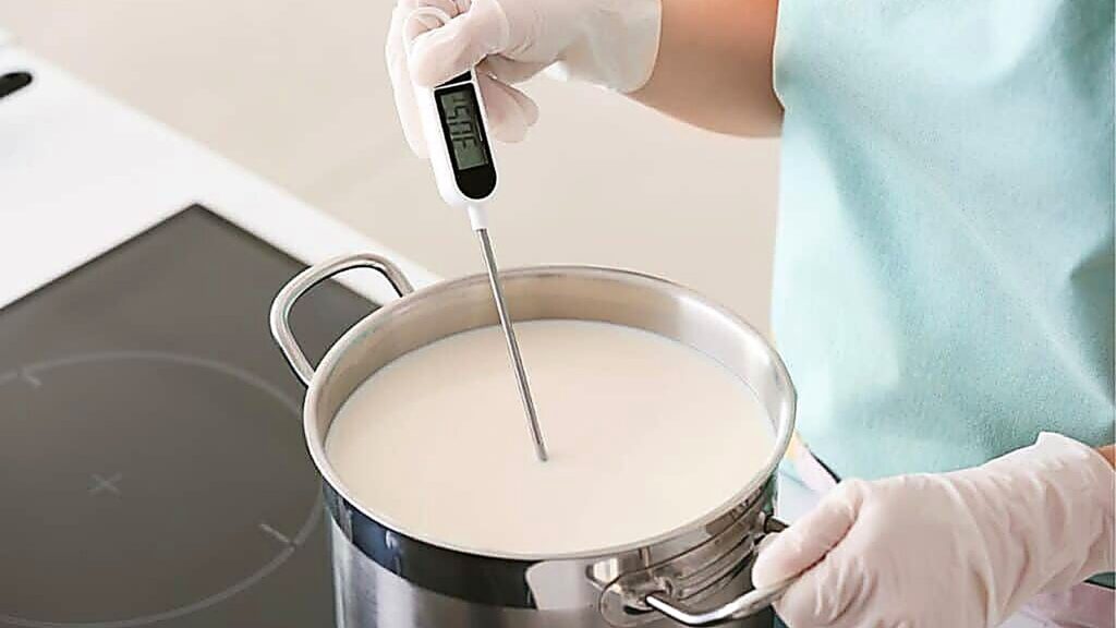 A person wearing gloves uses a digital thermometer to measure the temperature of milk heating in a stainless steel pot on a stove, carefully preparing for the next step with essential fermenting supplies.