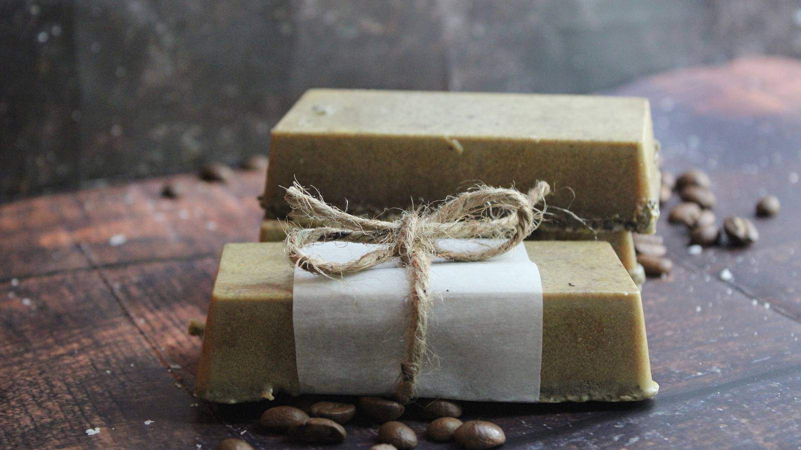Gardener's soap made with coffee grounds and beeswax.