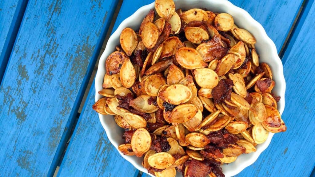 Bowl of bacon pumpkin seeds