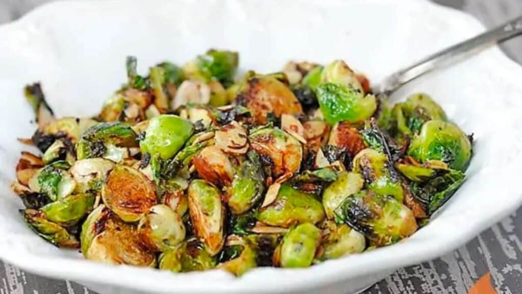 Bowl of charred Brussels sprouts.