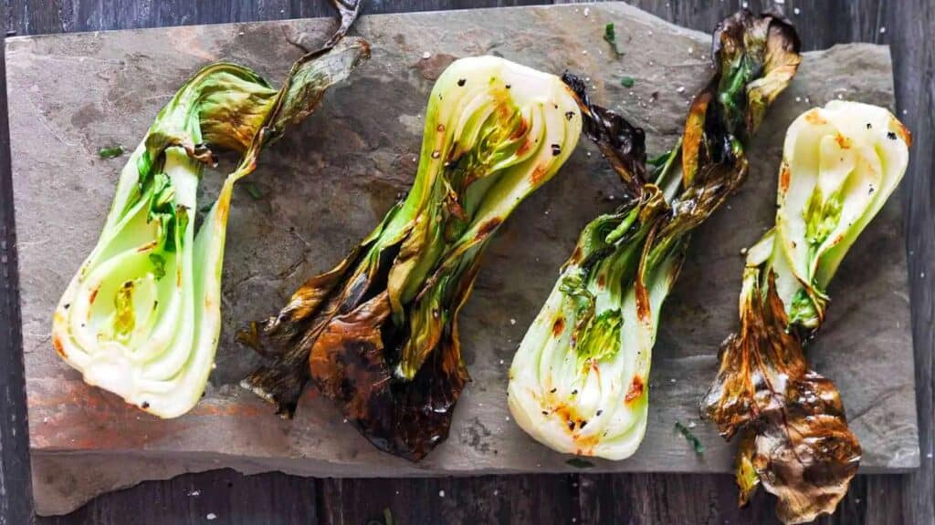 Platter of grilled baby bok choy.