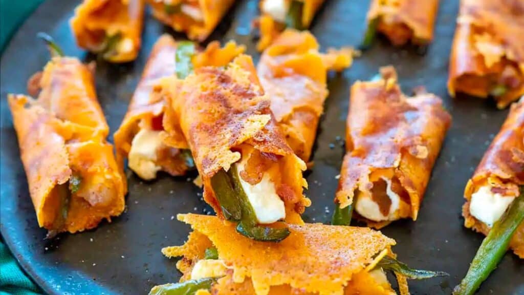 Cheese crisped and wrapped around bacon, cream cheese and jalapenos.