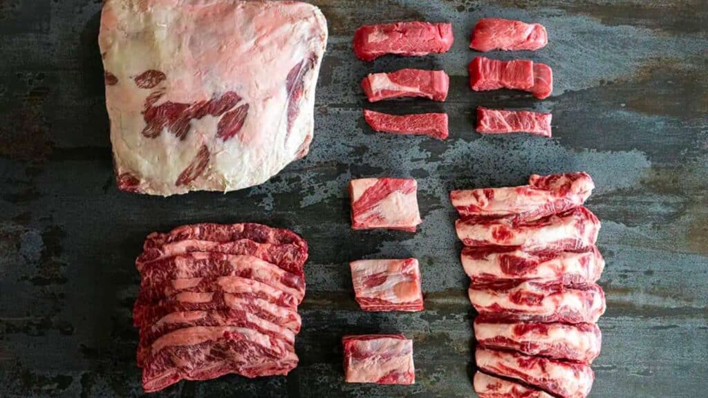 Raw variety of beef ribs. 