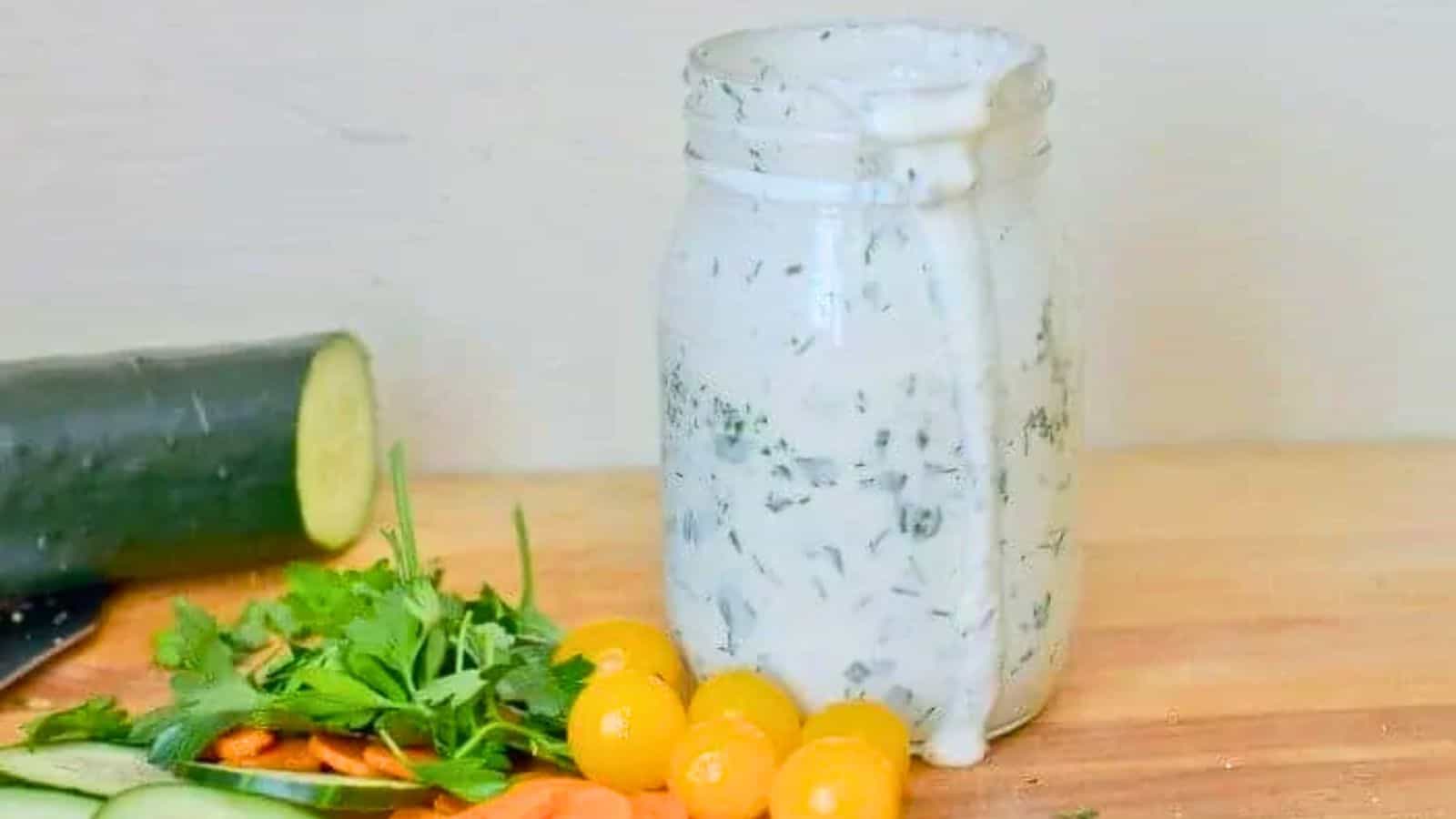 Image shows a mason jar with ranch dressing spilling from it, surrounded by veggies on a wooden board.
