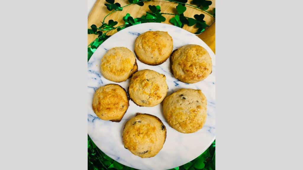 Mashed potato cookies on round marble plate.