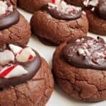 Image shows a white tray with Peppermint Chocolate Cookies sitting in rows.