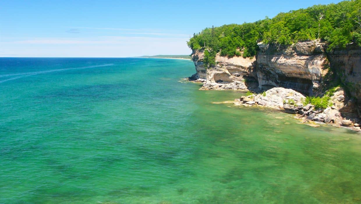 Pictured Rocks National Lakeshore with blue waters of Lake Superior.