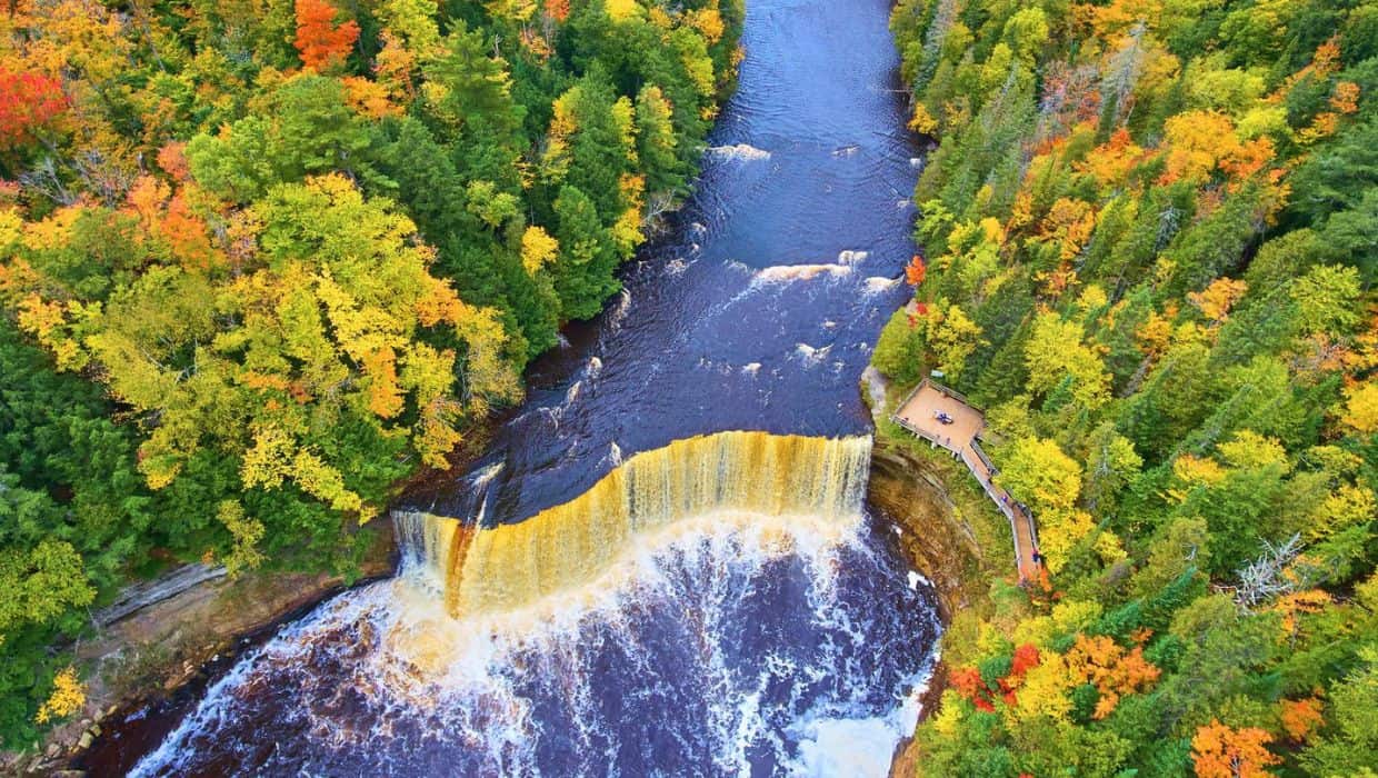 View of Tahquamenon Falls in Michigan from above.