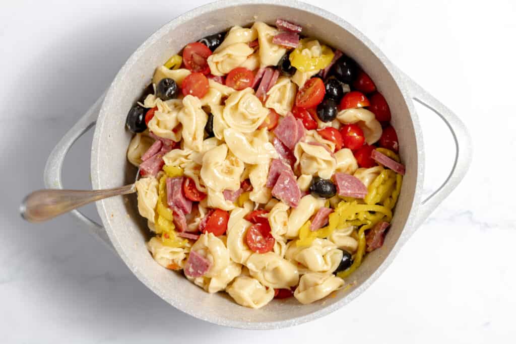 Tortellini, salami, vegetables and dressing in a large black bowl with tomatoes on the side.