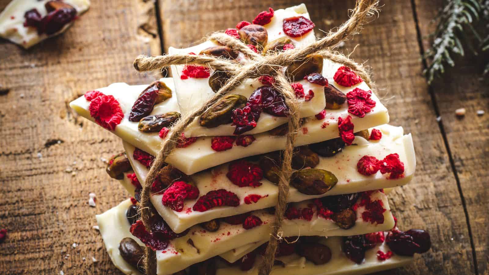 Stack of white chocolate bark wrapped in string.