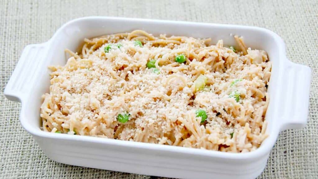 Casserole dish with tuna tetrazzini baked in it.