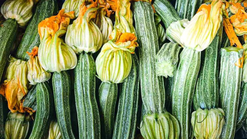 A pile of fresh zucchini with attached yellow-orange blossoms, arranged closely together&mdash;perfect examples of low carb vegetables.