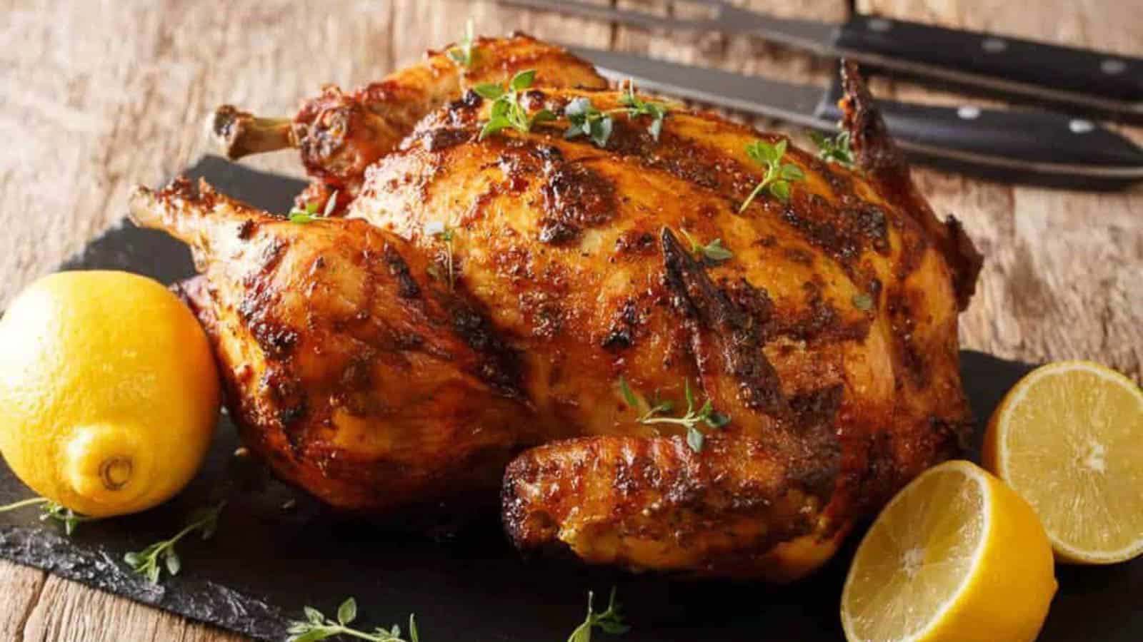 Whole chicken with lemons.