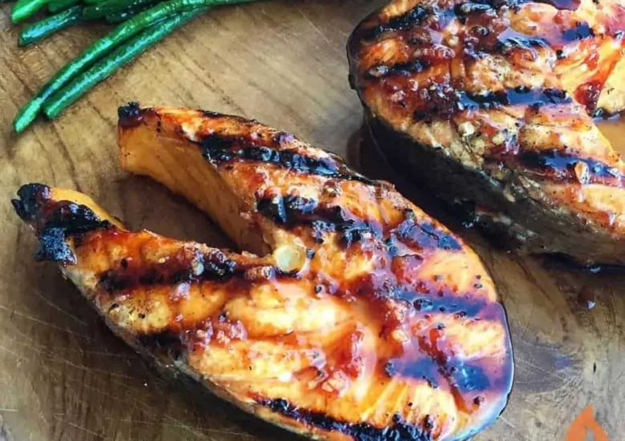 Salmon filets with grill marks and glaze. 