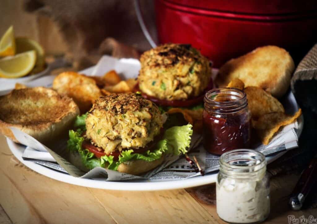 Crab cakes on sandwiches.