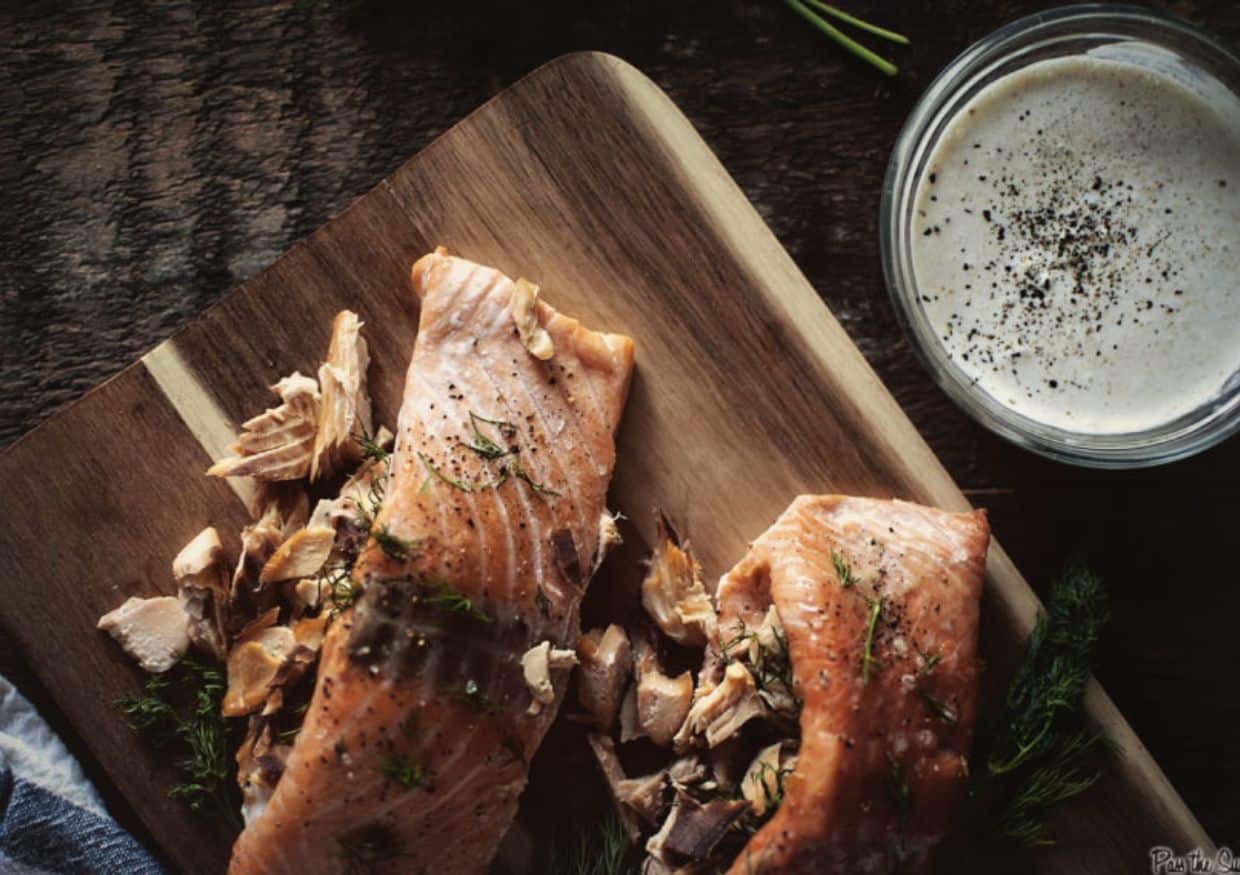 Moody dark shot of smoked salmon. 