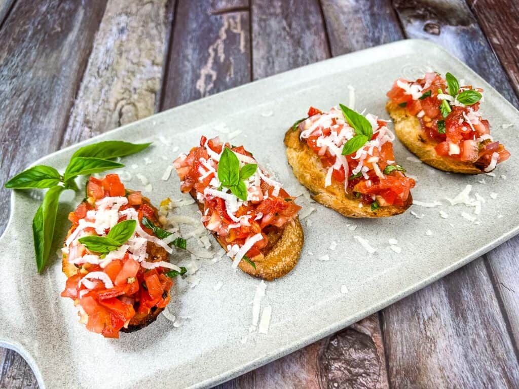 Tomato Bruschetta on a platter.