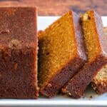 Honey cake baked in a loaf pan and sliced.