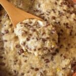 High-protein Hot Cinnamon Cereal with flax seed and coconut in red bowl with wooden spoon.