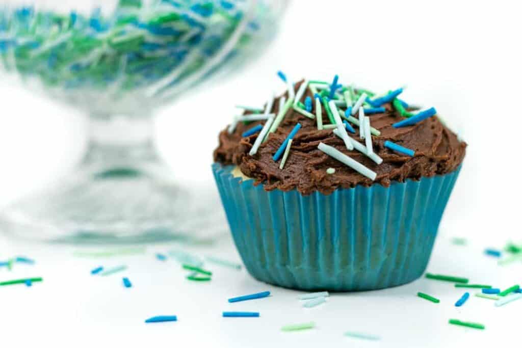 Homemade sprinkles on a chocolate cupcake.