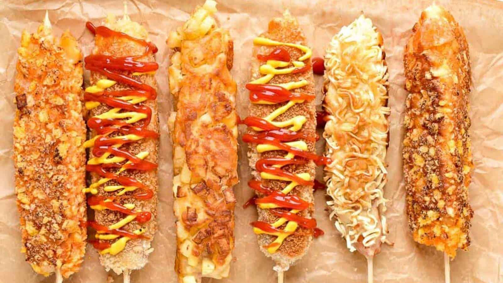 Overhead shot of Korean hot dogs on parchment paper.