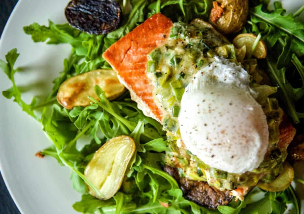 Seared salmon on bed of leafy greens.