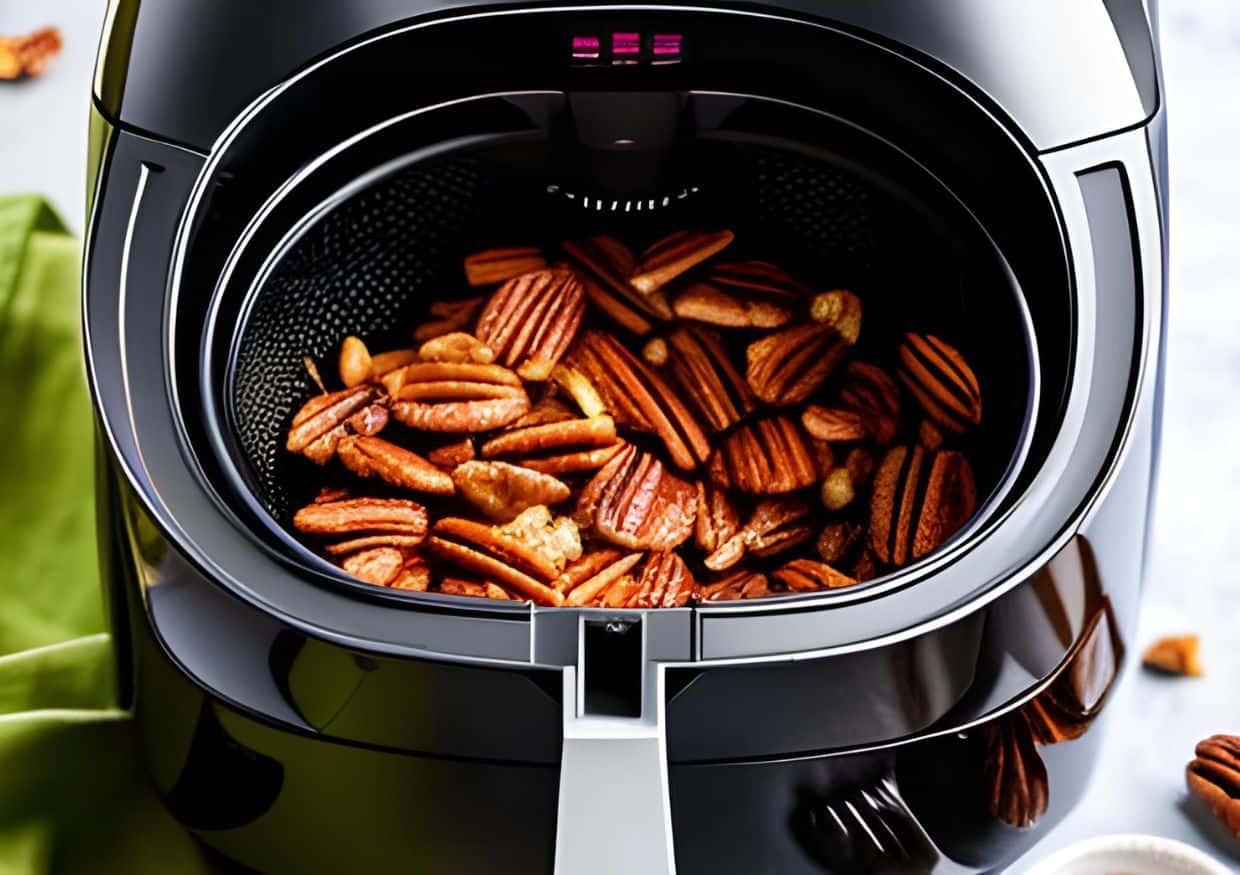 An air fryer with pecans.