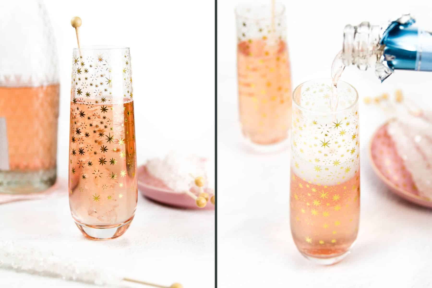 Clear liquid is poured into a pink bubbly cocktail with another pink cocktail and candy garnishes behind.