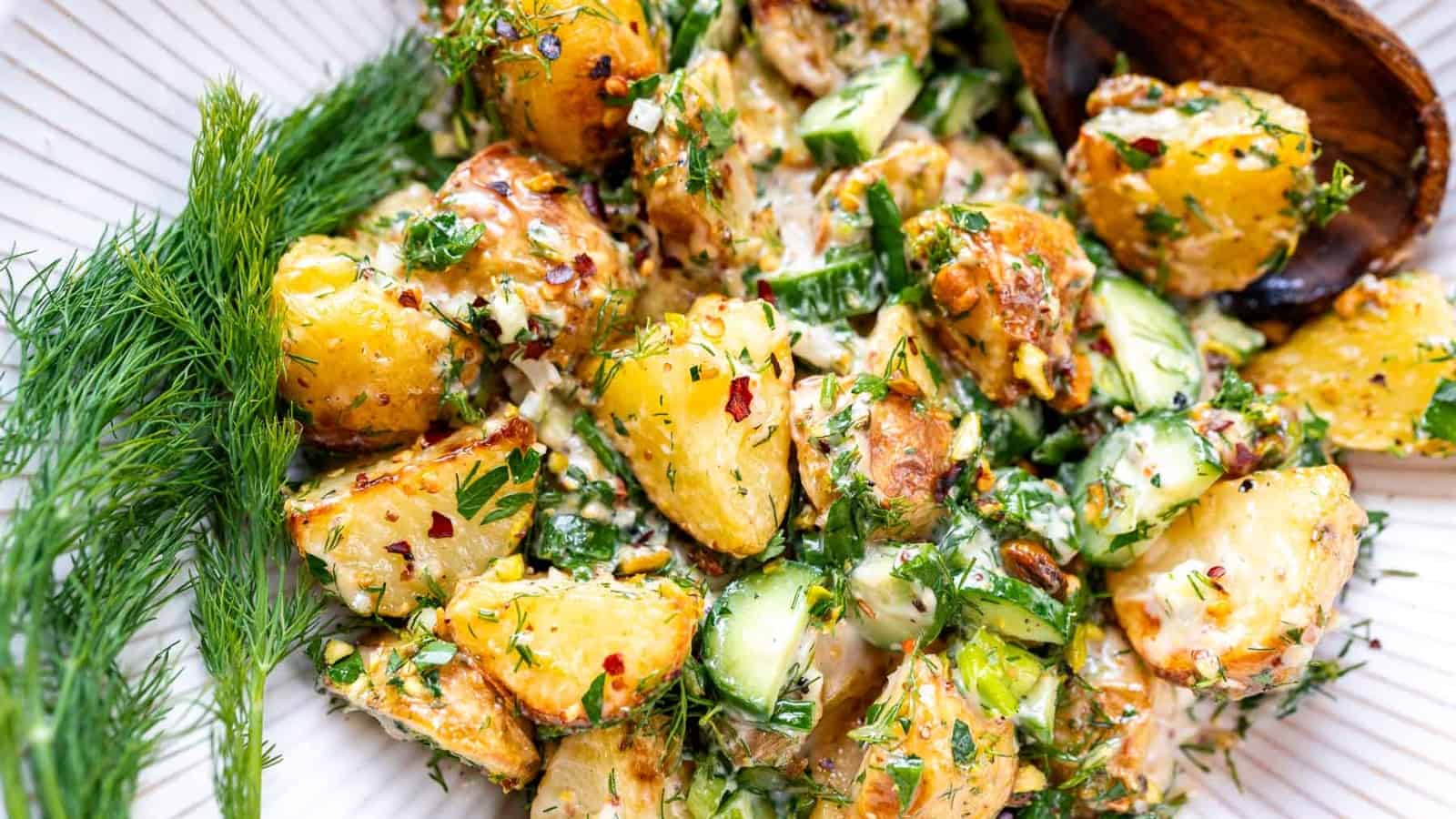 A close shot of roasted potatoes and veggies topped with fresh herbs and spices.