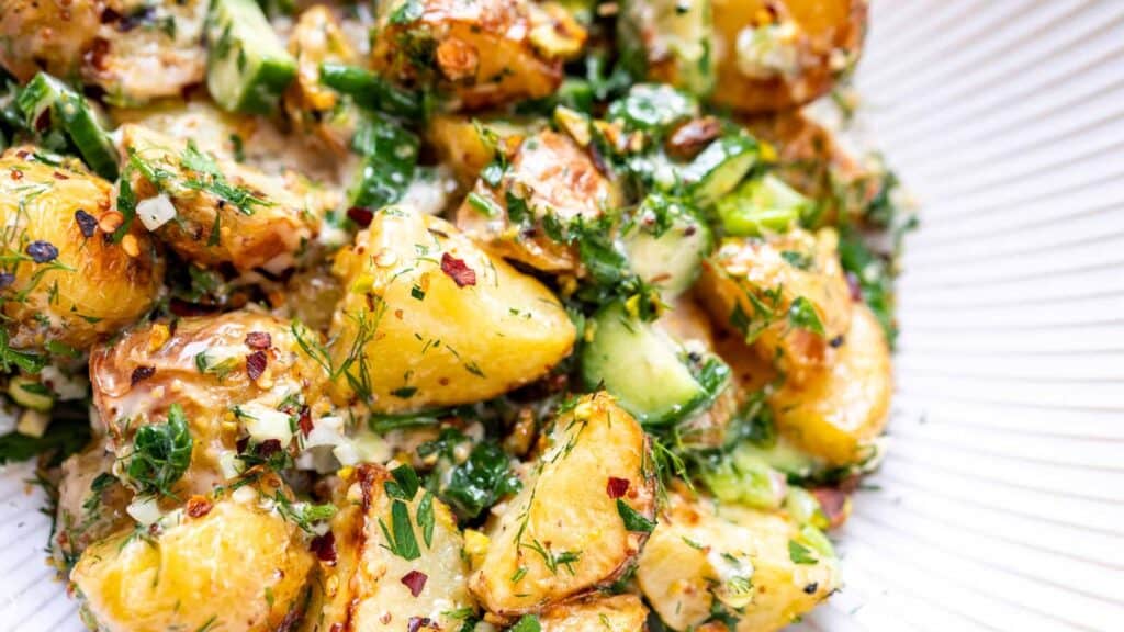 A close shot of roasted potatoes tossed with herbs and spice.