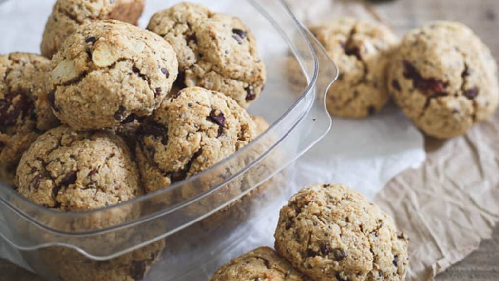 Road trip cookies in a plastic storage container.