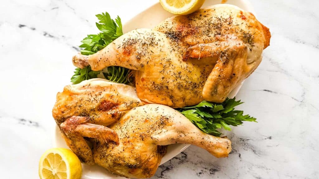 Two roasted chicken halves on a white platter with lemon and parsley.