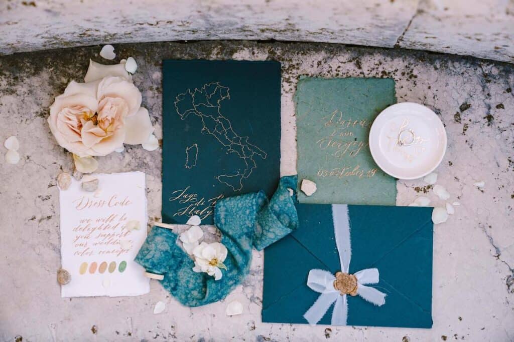 Blue wedding invitations with separate card about the dress code.