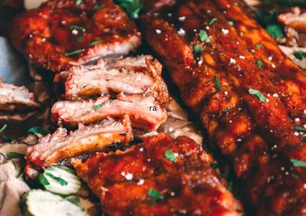 Bbq ribs on a wooden board.