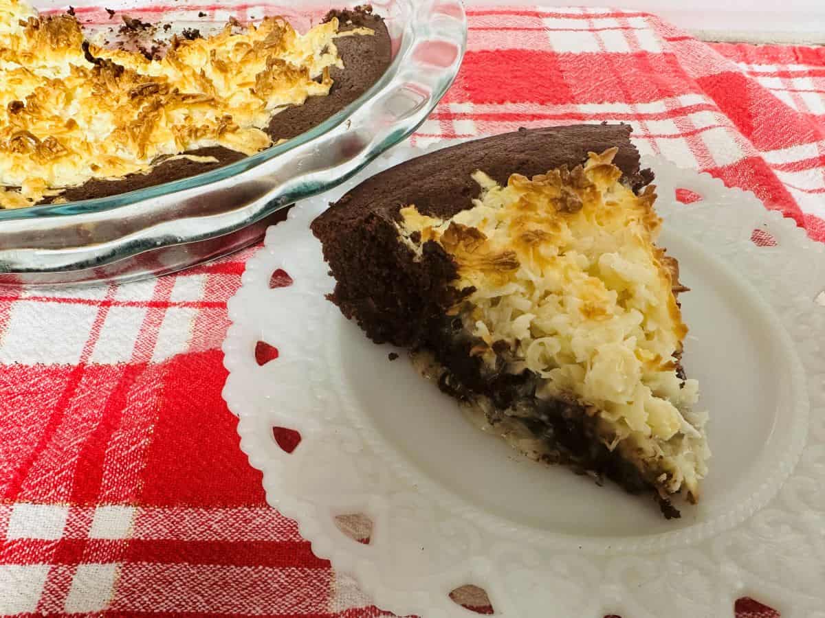 A slice of chocolate coconut pie on a plate.