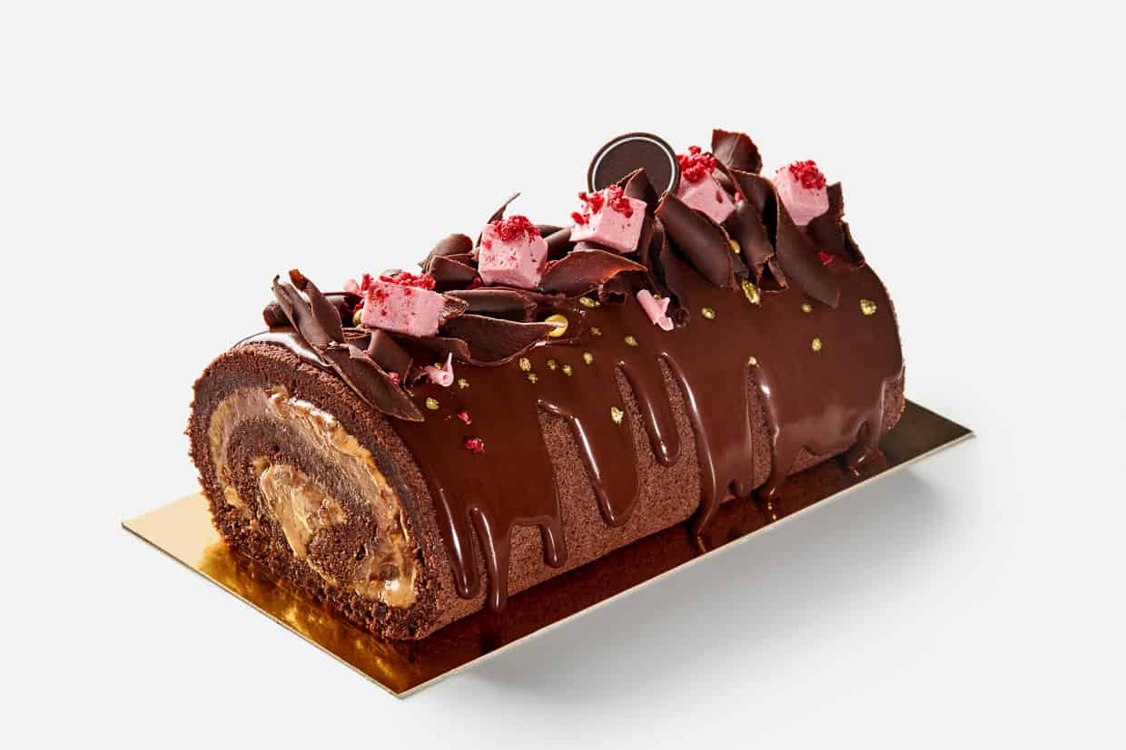 A chocolate rolled cake on a plate.