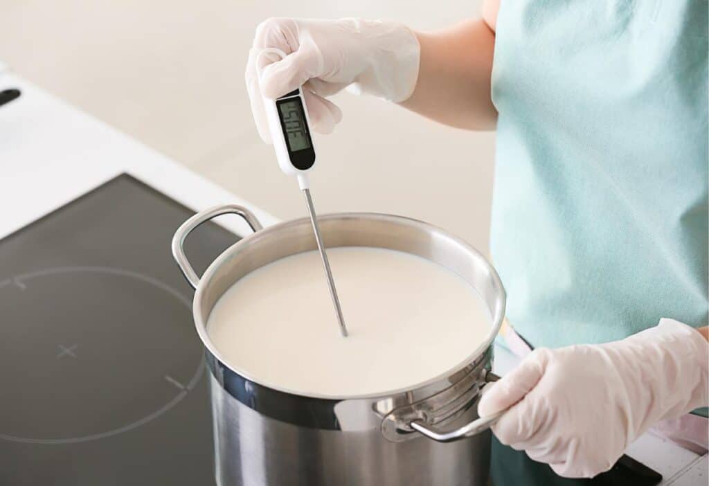 A woman holding a thermometer in a pot of milk.