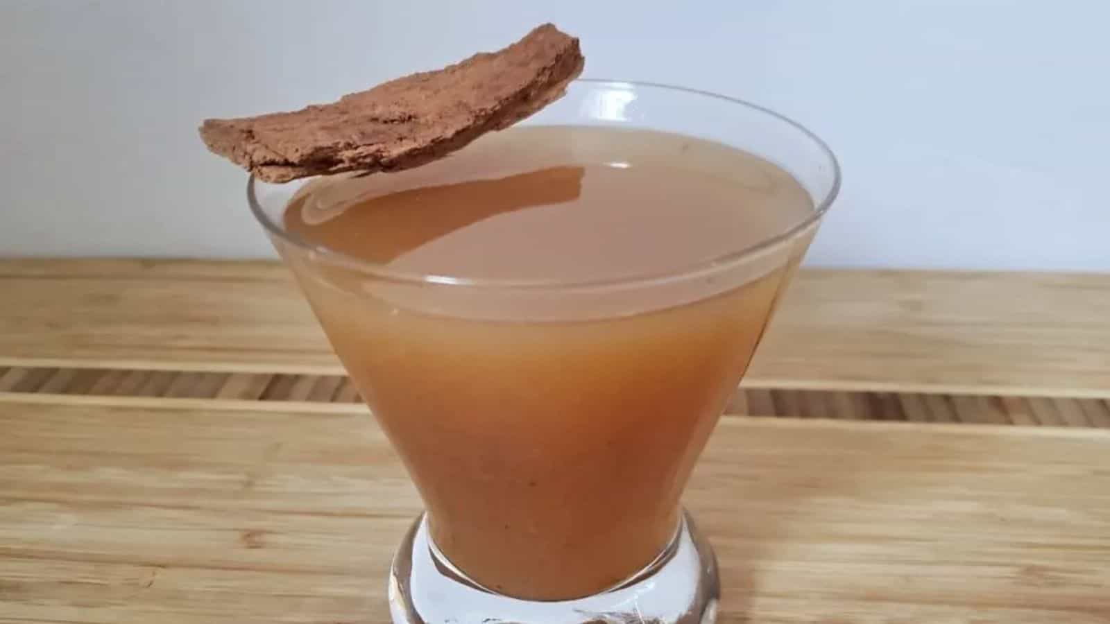 Image shows a glass with a hot apple cider cocktail with a cinnamon stick across the top.