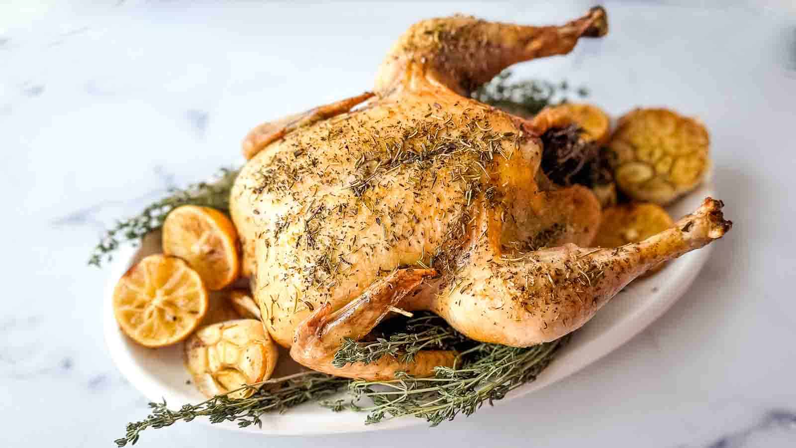 Roasted herbes de provence chicken with thyme and lemon slices on a white plate.