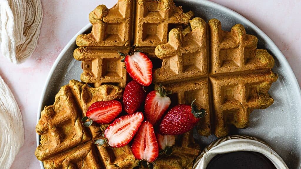 Fluffy Pumpkin Protein Waffles with Chocolate Sauce (17g Protein Per Waffle!)