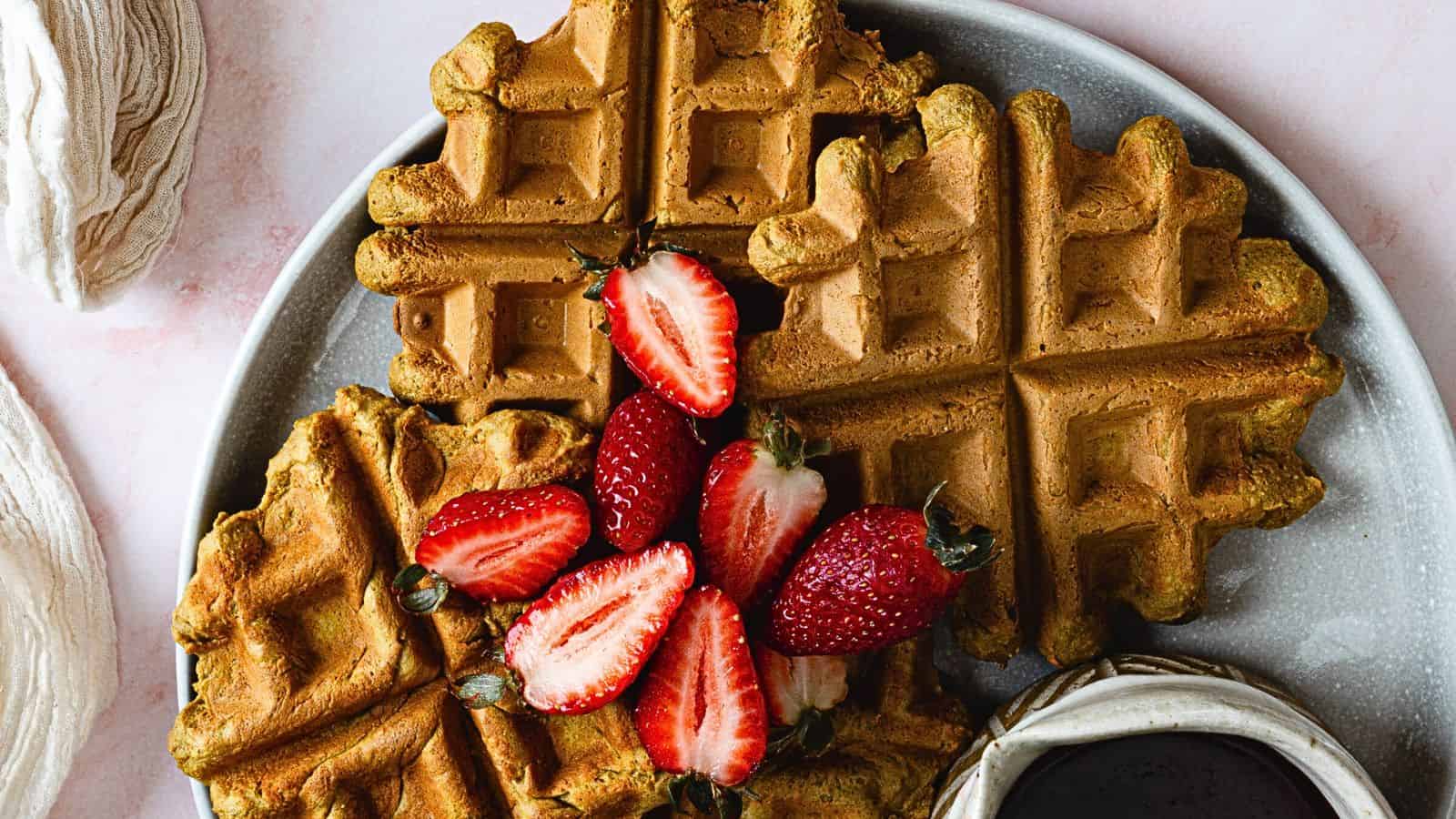 Fluffy Pumpkin Protein Waffles with Chocolate Sauce (17g Protein Per Waffle!).