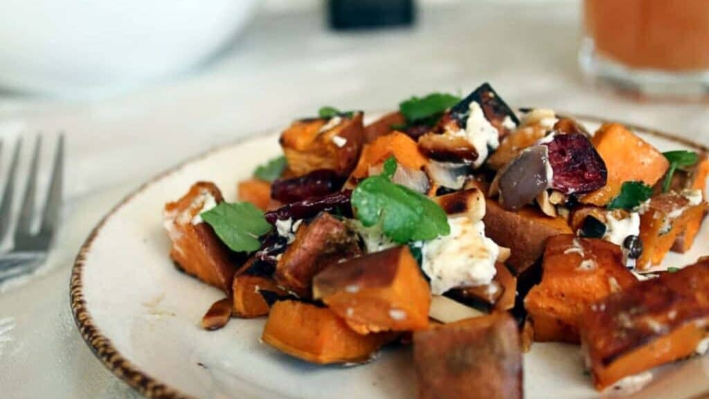 Sweet potato salad with cranberries and goat cheese.