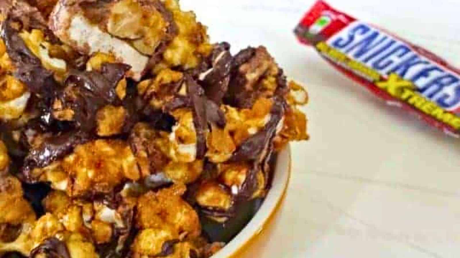 Image shows a bowl with Snickers Popcorn next to a Snicker's bar.