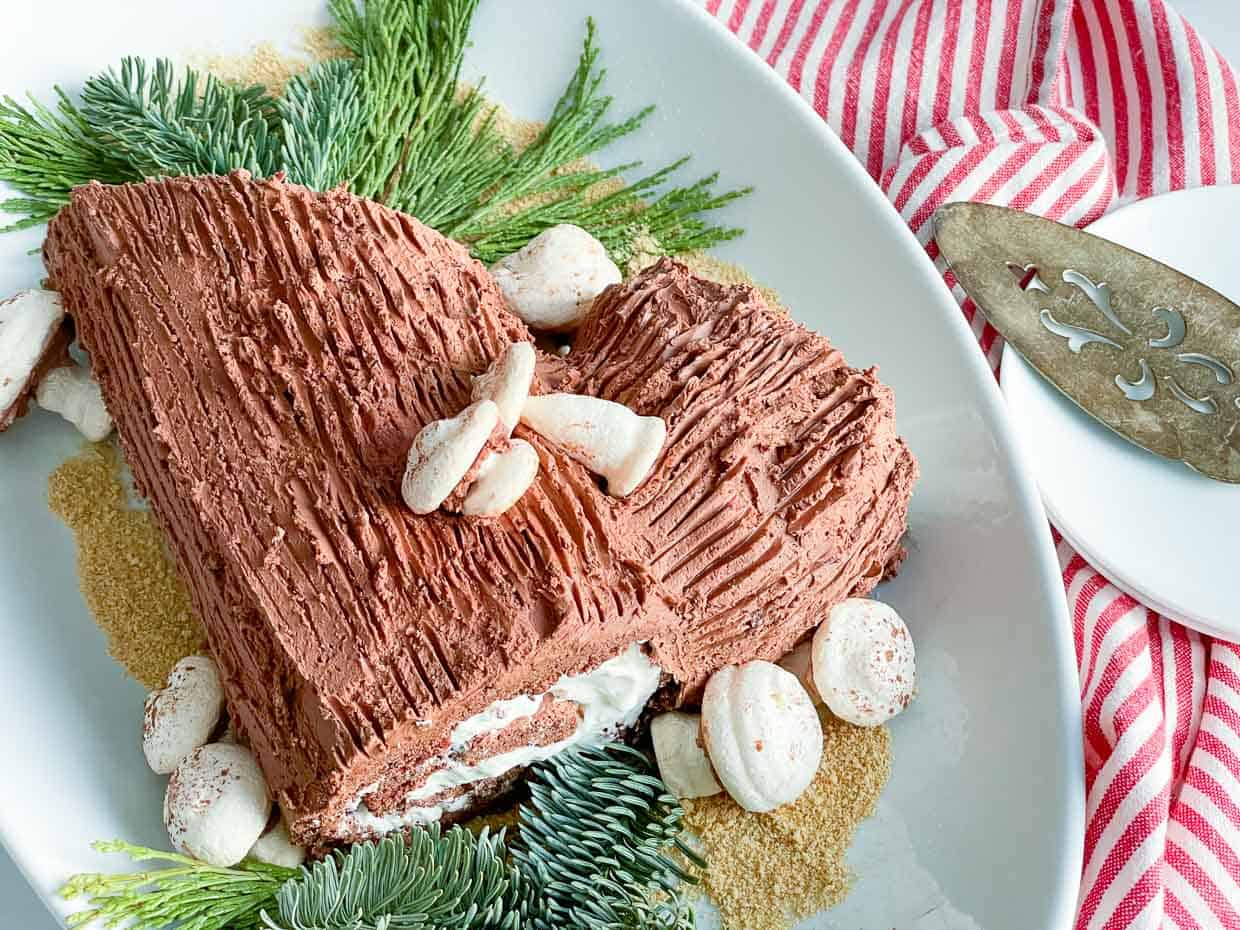 A white plate with a chocolate log topped with mushooms.