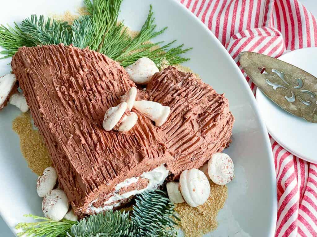 A white plate topped with a chocolate yule log cake