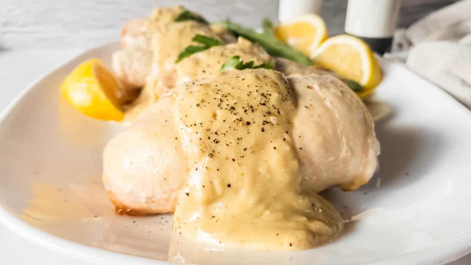 A picture of chicken breasts with cheese sauce on a white plate.